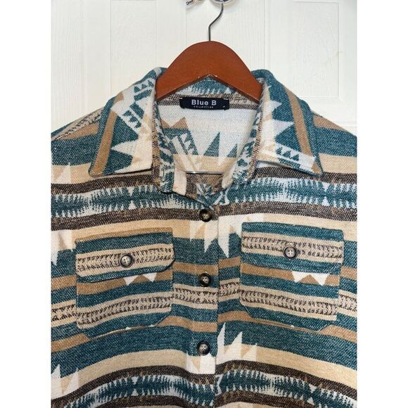 NWOT BlueโB Collection Tan, Brown & Blue Button Up Aztec Shacket Size Medium - Picture 5 of 14